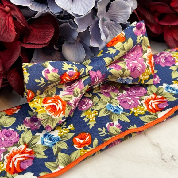 Blue Floral Butterfly Bow Tie and Pocket Square - Picture 5 of 16